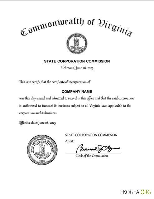 Modèle Word et PDF de certificat de constitution en Virginie des États Unis